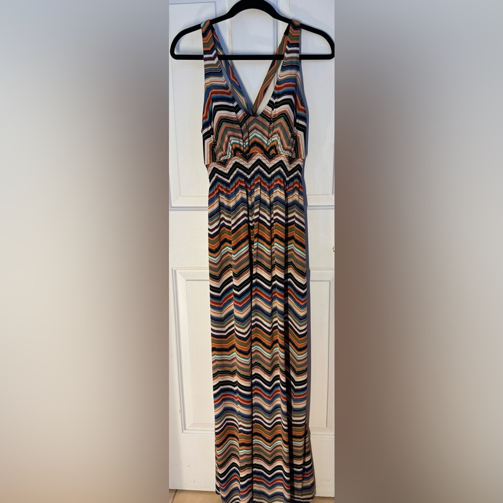 BISOU BISOU Chevron Stripe Orange Black V Neck Crisscross Maxi Dress size 12